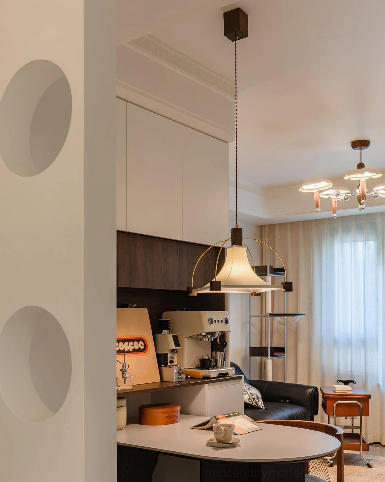 Mid-century modern hood pendant light architectural detail close-up