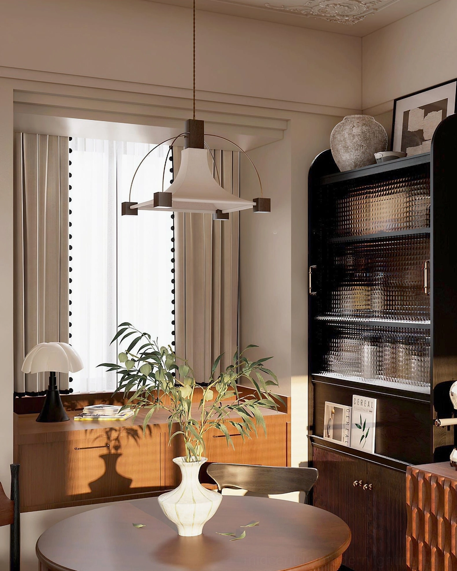 Hood pendant light wood metal fabric construction detail view