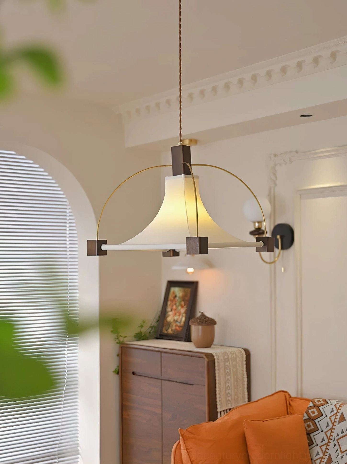 Hood pendant light cozy vintage living space warm neutral tones