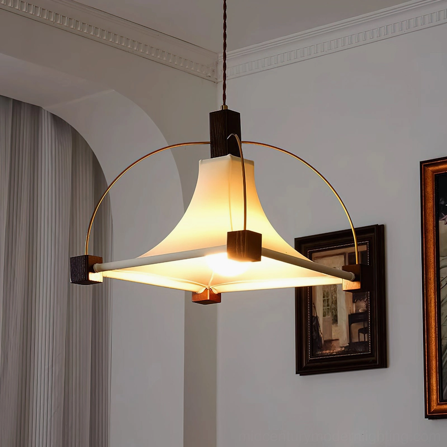 Walnut wood and metal pendant light side profile view