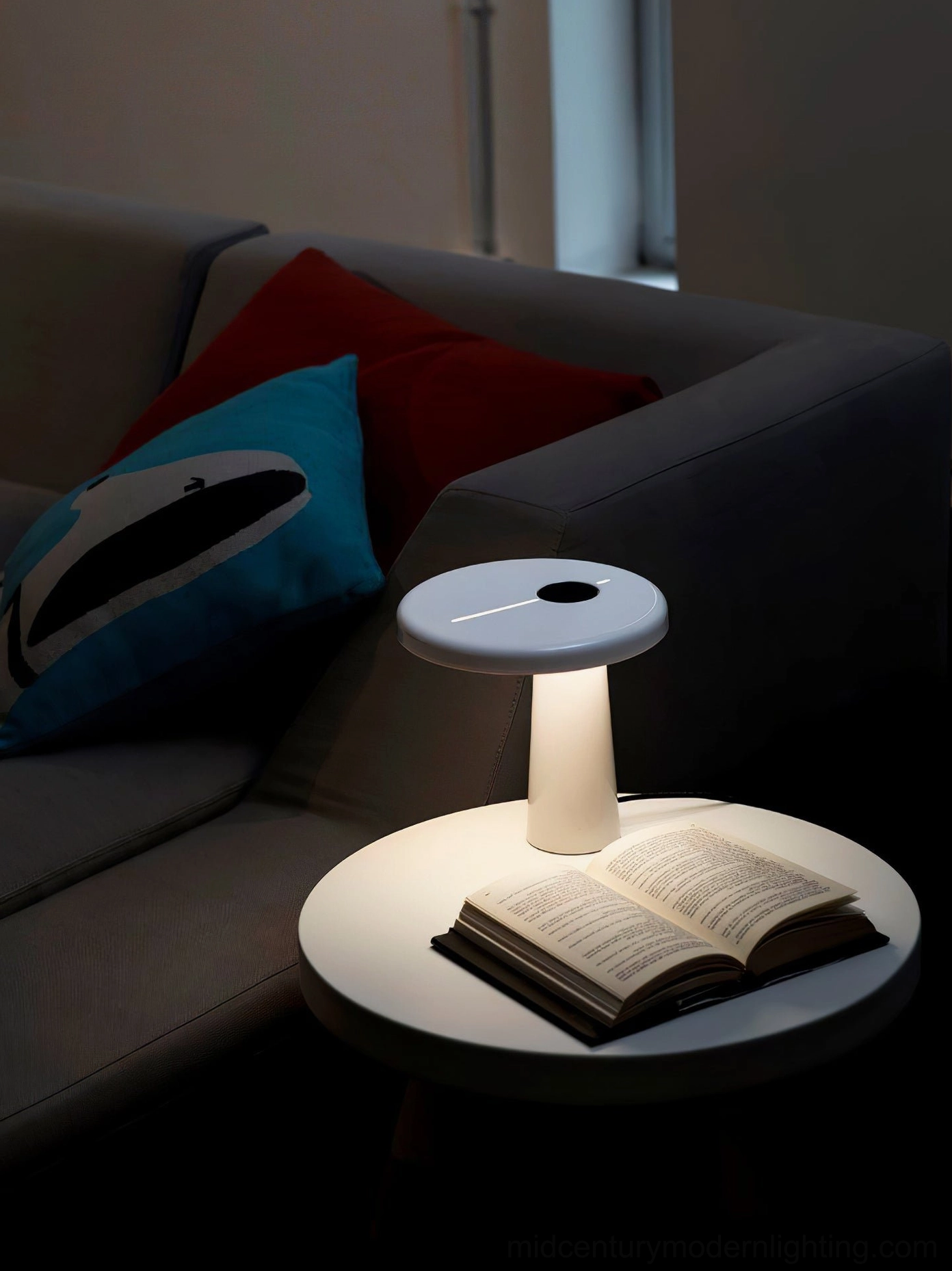 Hoop LED table lamp in living room accent placement on console table with modern furnishings