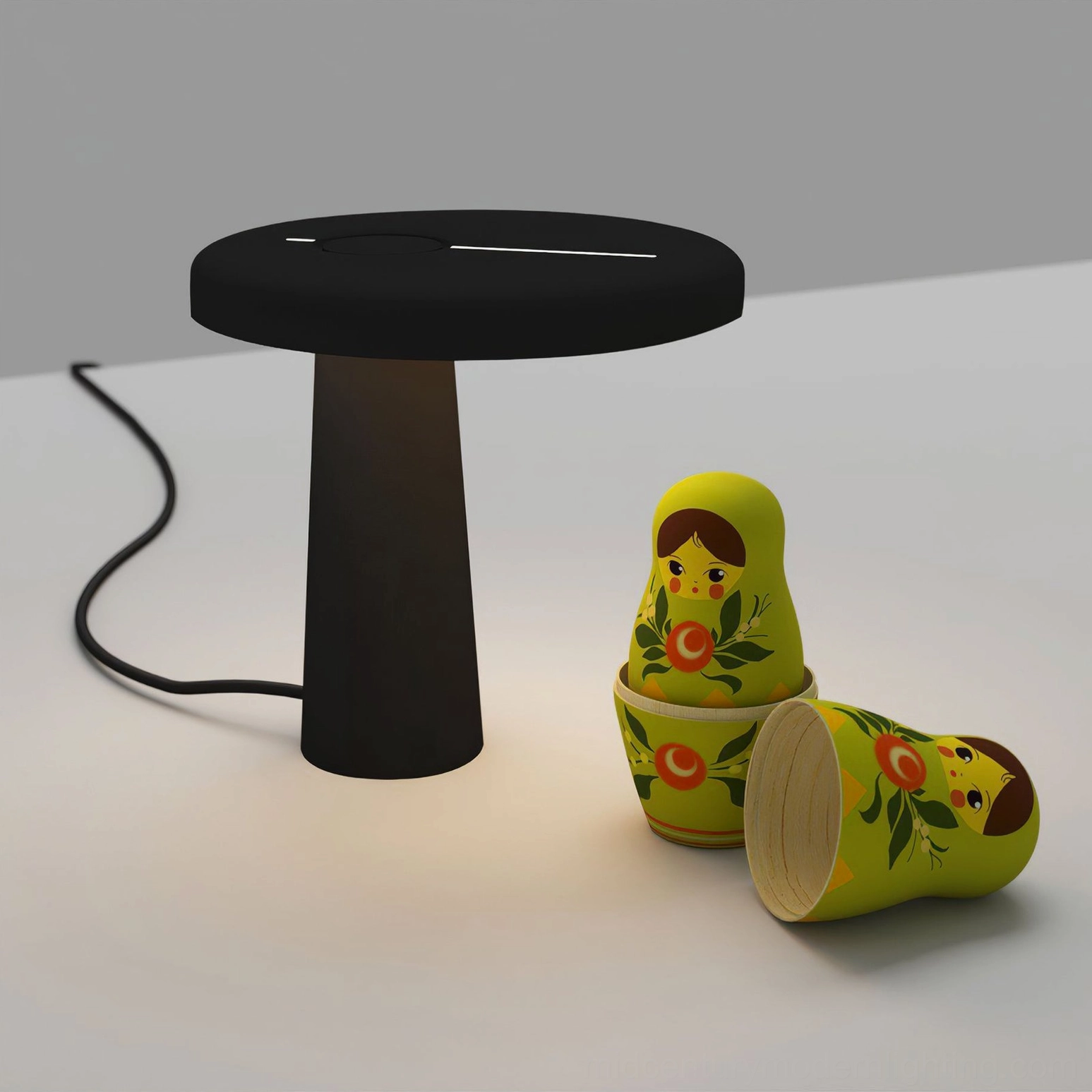 Hoop LED table lamp three-quarter view displaying asymmetrical design and flat circular shade