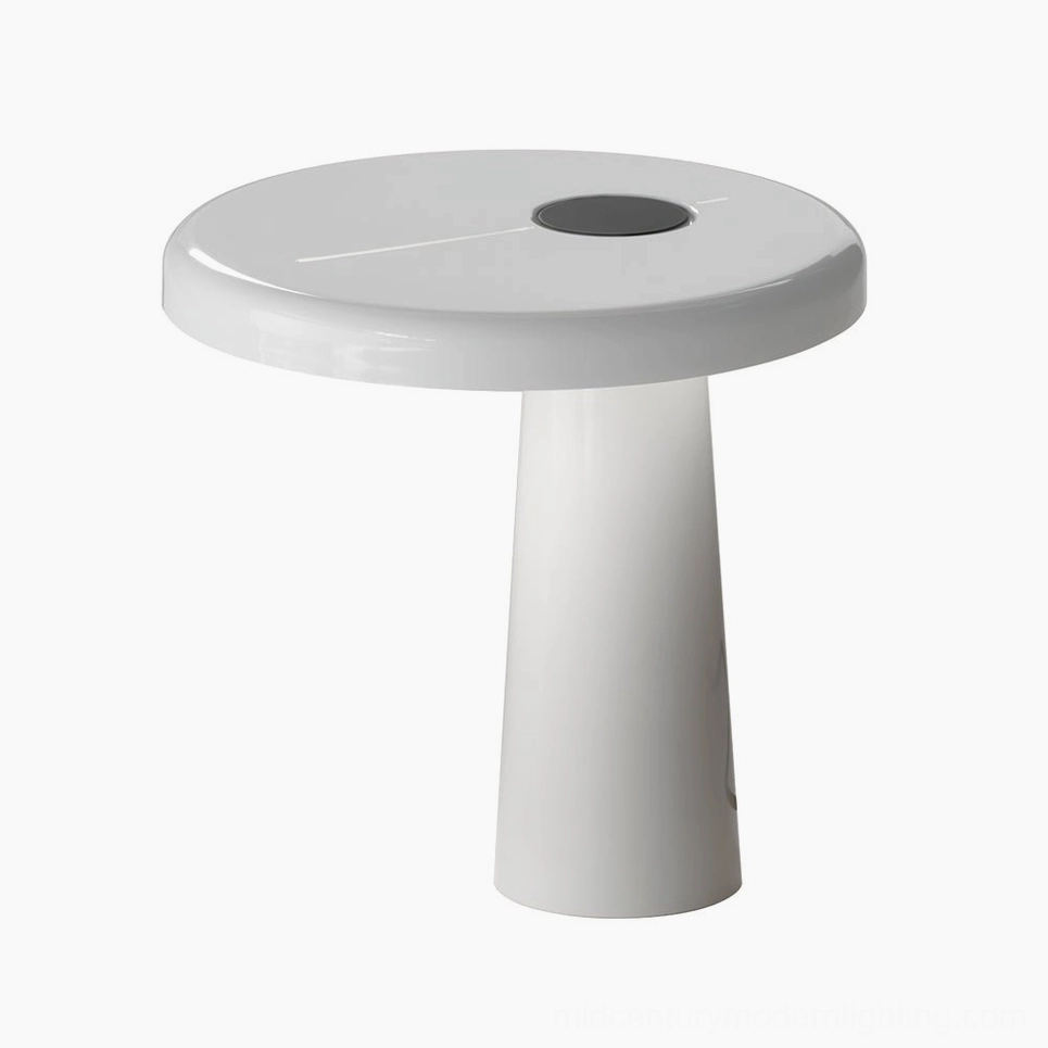 Hoop LED table lamp white finish detail showing flat circular shade and offset pole asymmetry