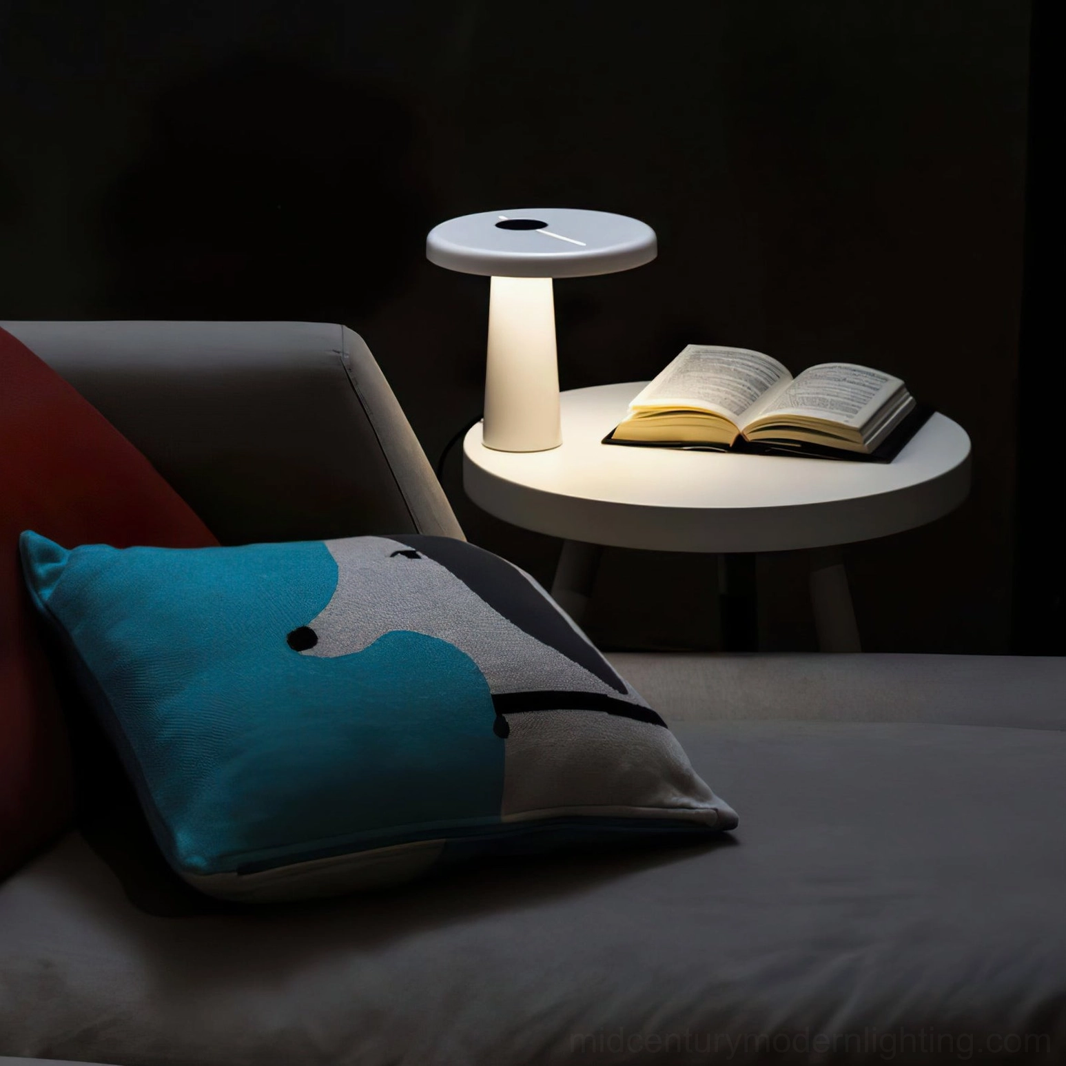 Hoop LED table lamp white finish on contemporary side table with minimalist décor