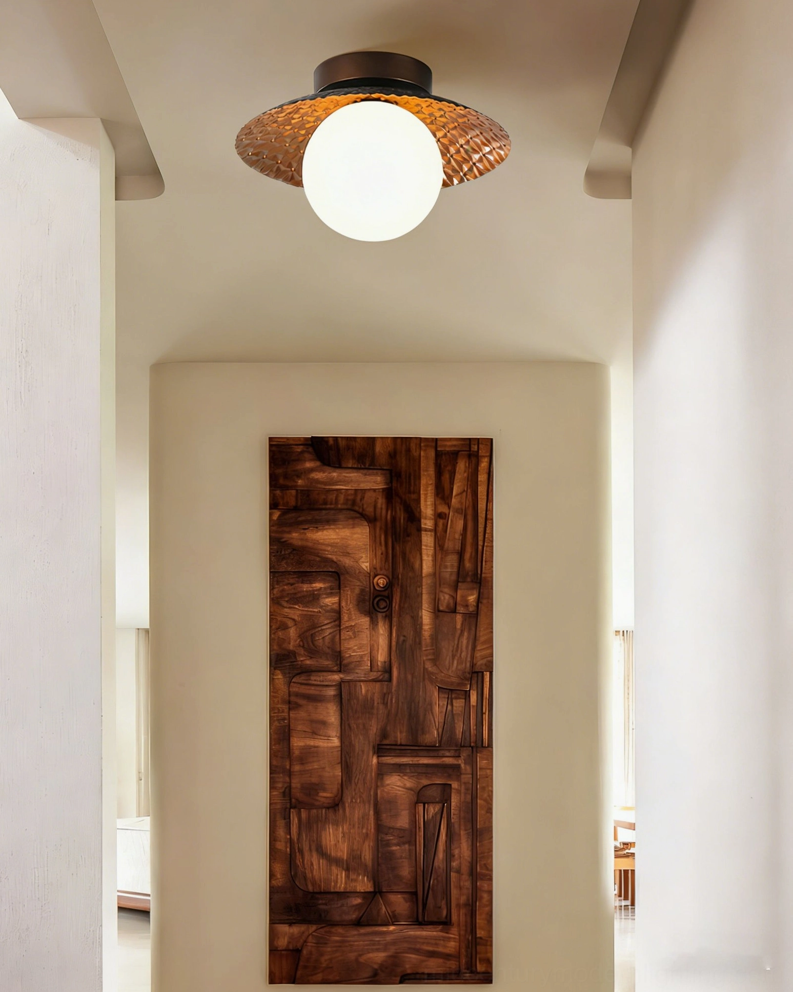 Hooper mid-century modern ceiling light in minimalist residential hallway with wooden wall art and neutral interior design
