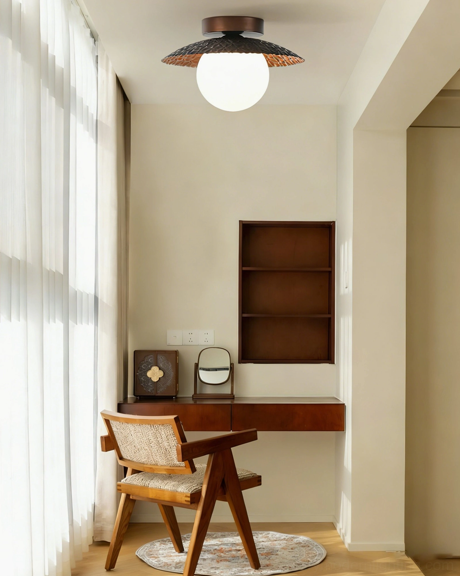 Hooper ceiling lamp installed in warm rustic home entryway with wooden desk and study nook, creating soft sculptural lighting