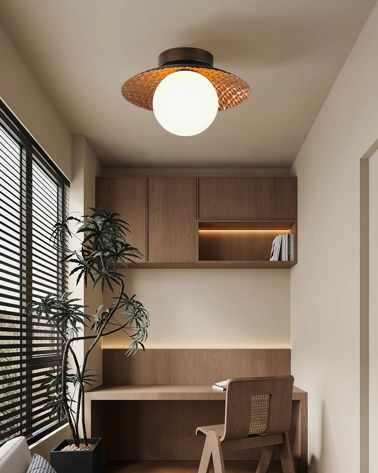 Hooper mid-century modern ceiling lamp in contemporary home office with natural window light and minimalist workspace design