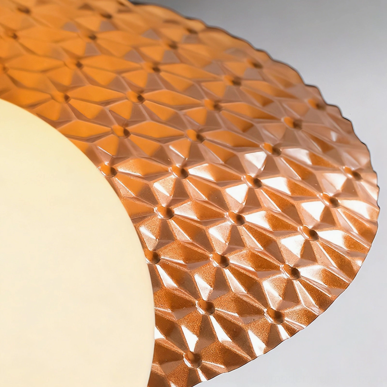 Hooper mid-century modern flush-mount ceiling lamp front view with geometric circular design and sculptural textured shade