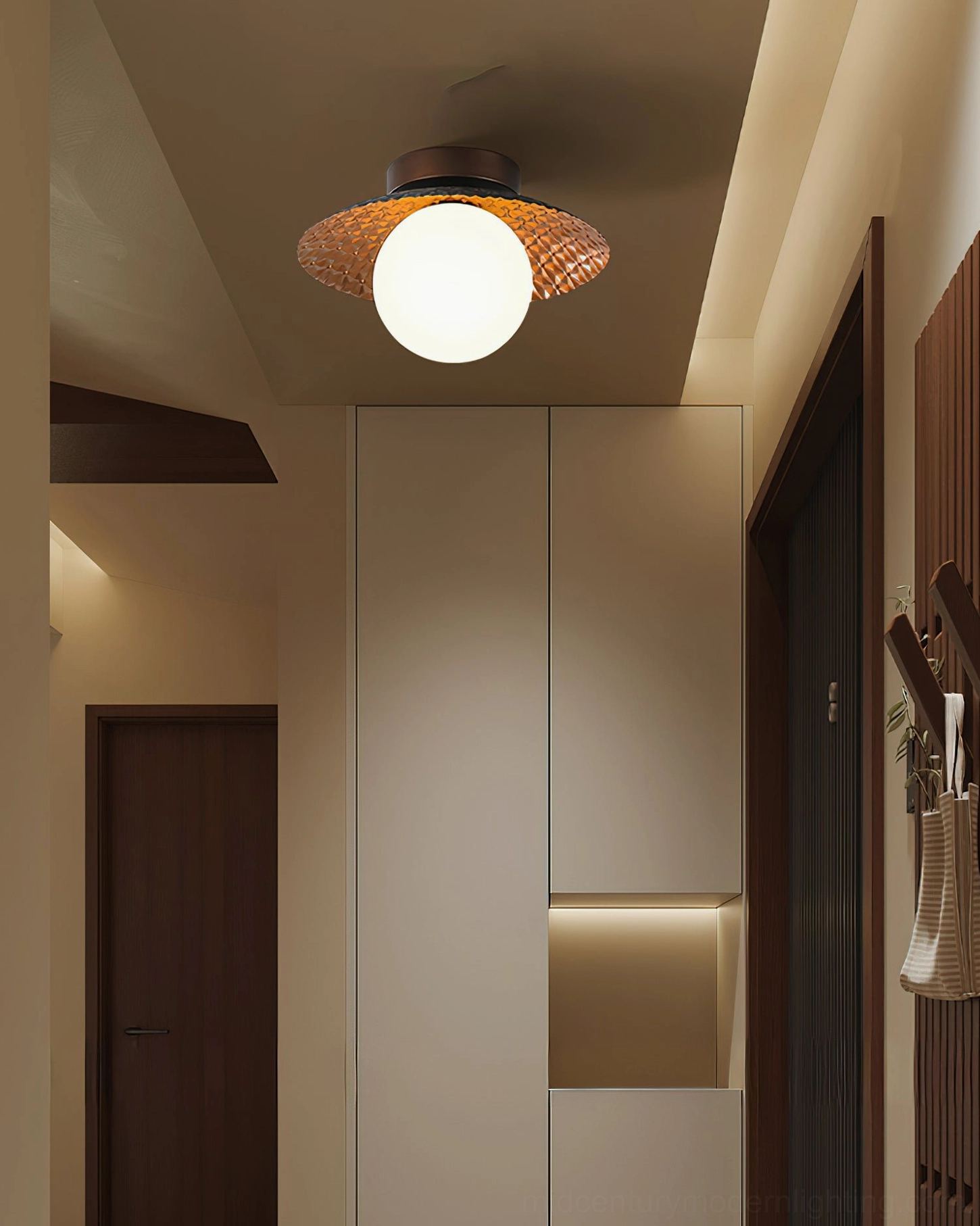 Hooper lamp installed in japandi minimalist entryway with built-in cabinetry and clean modern aesthetic