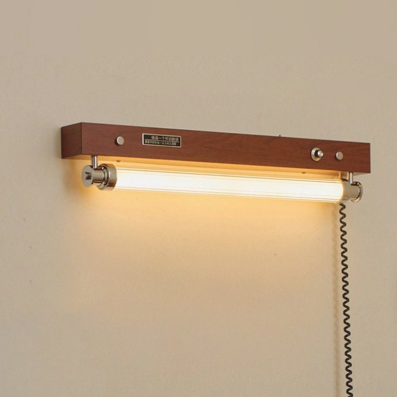 Hopper 32.3-inch large plug-in wall sconce in walnut finish for gallery walls and extended desk surfaces