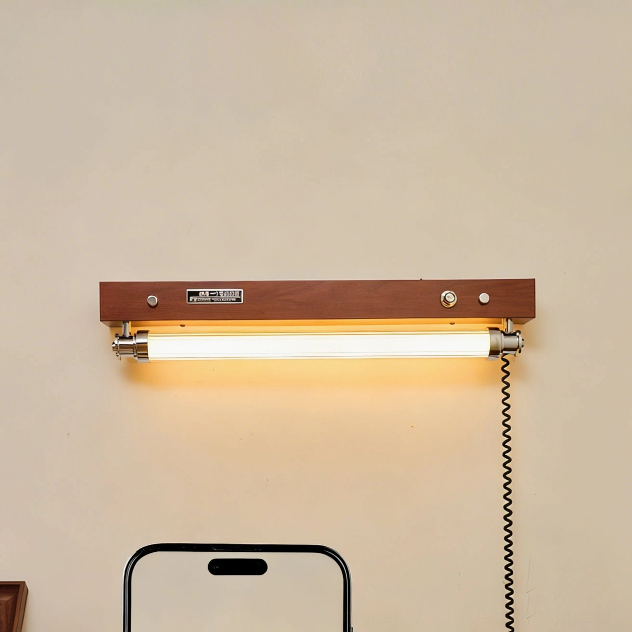 Hopper wall sconce installed and illuminated showing warm integrated LED light and coiled power cord