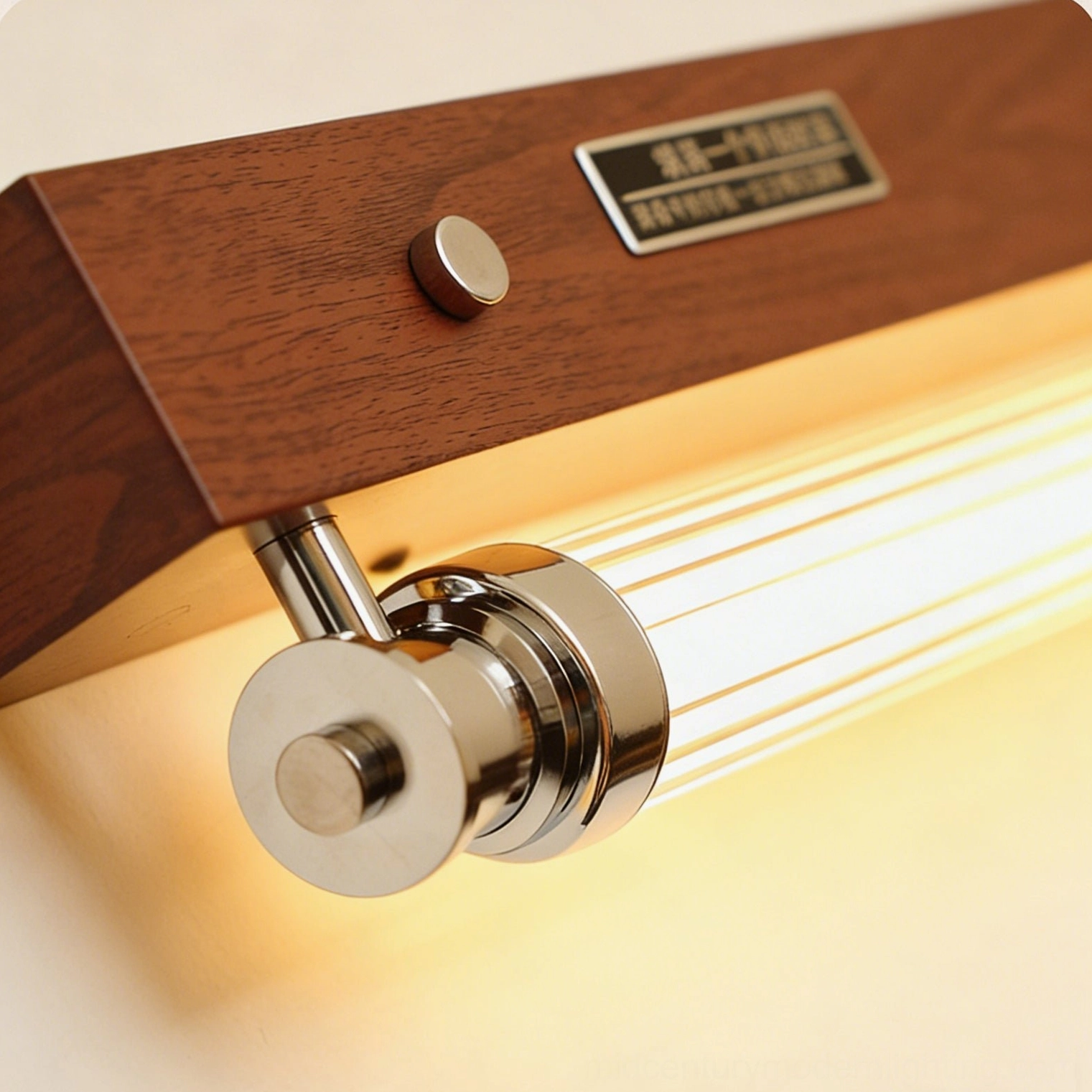 Push-button on/off control integrated into Hopper wall sconce showing minimalist switch design in walnut finish