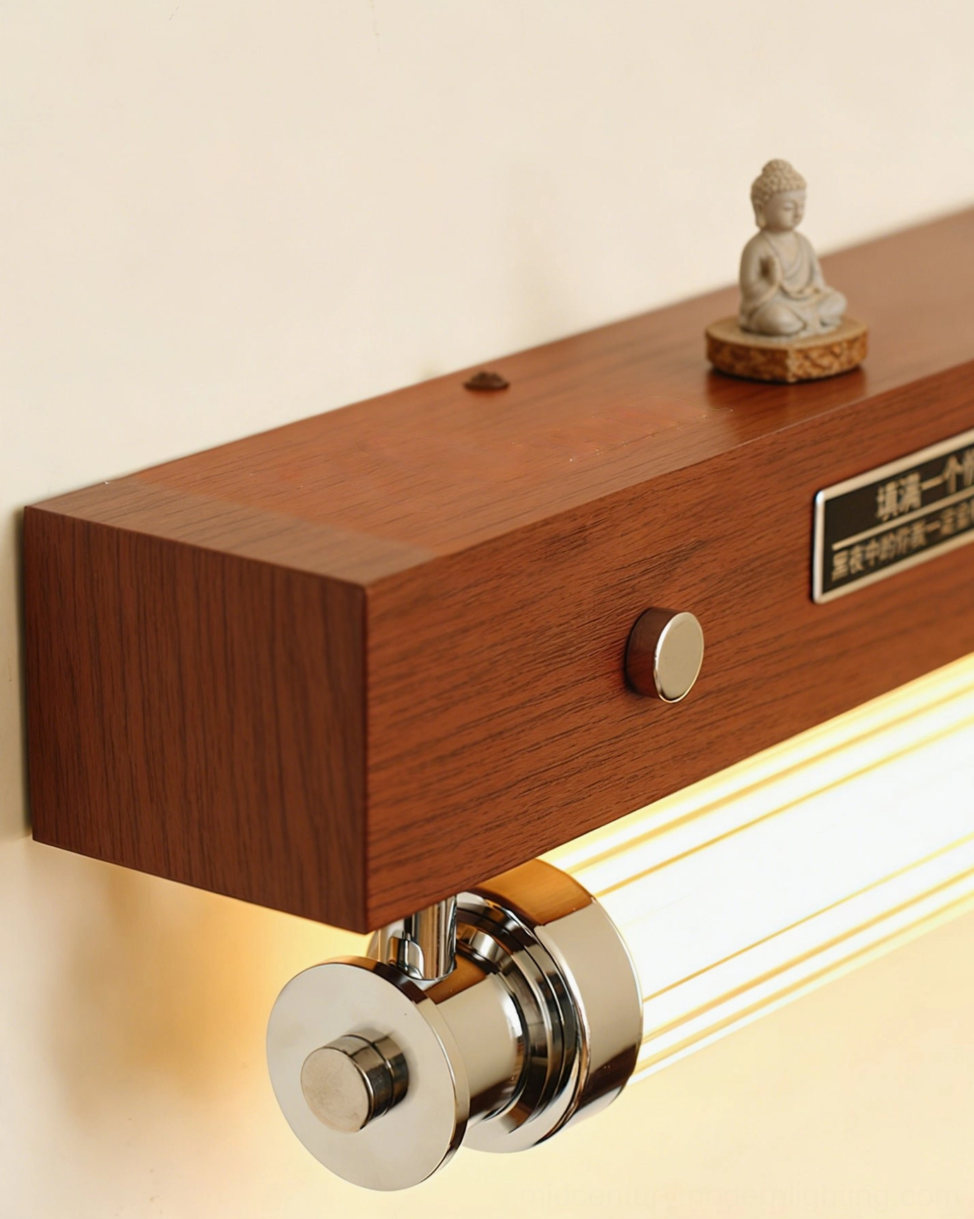 Close-up detail of Hopper sconce showing walnut finish, metal frame, integrated LED, and mounting structure