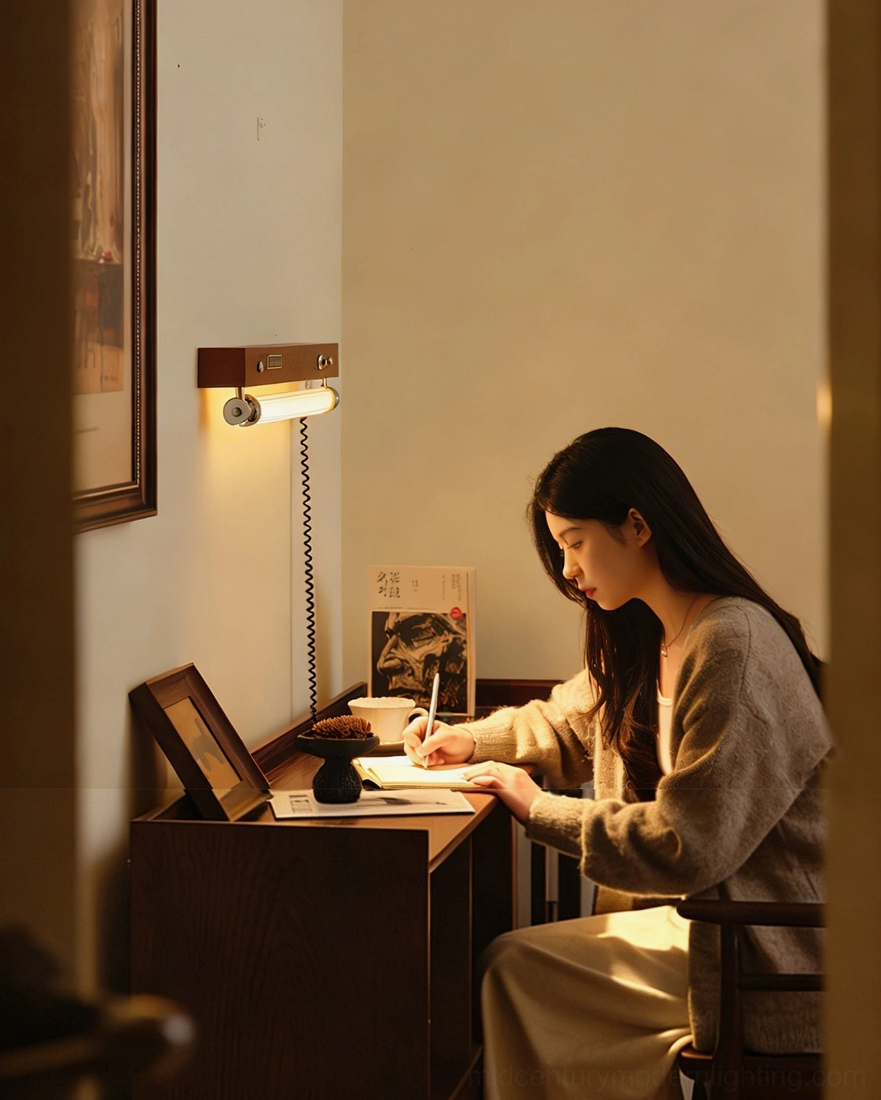 Hopper mid-century modern wall sconce side profile view in home writing desk scene with warm ambient glow
