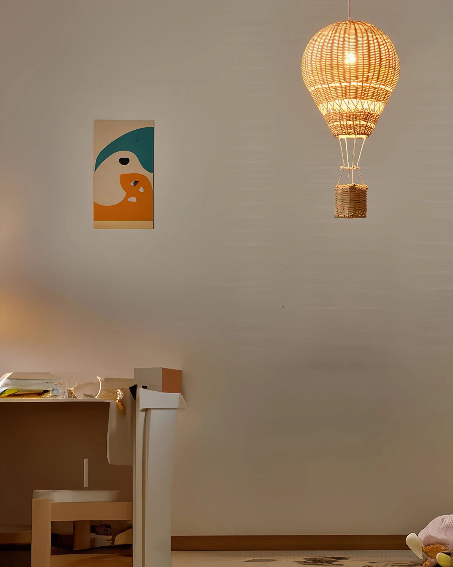 Hot air balloon rattan pendant lighting in contemporary bohemian living room with natural decor