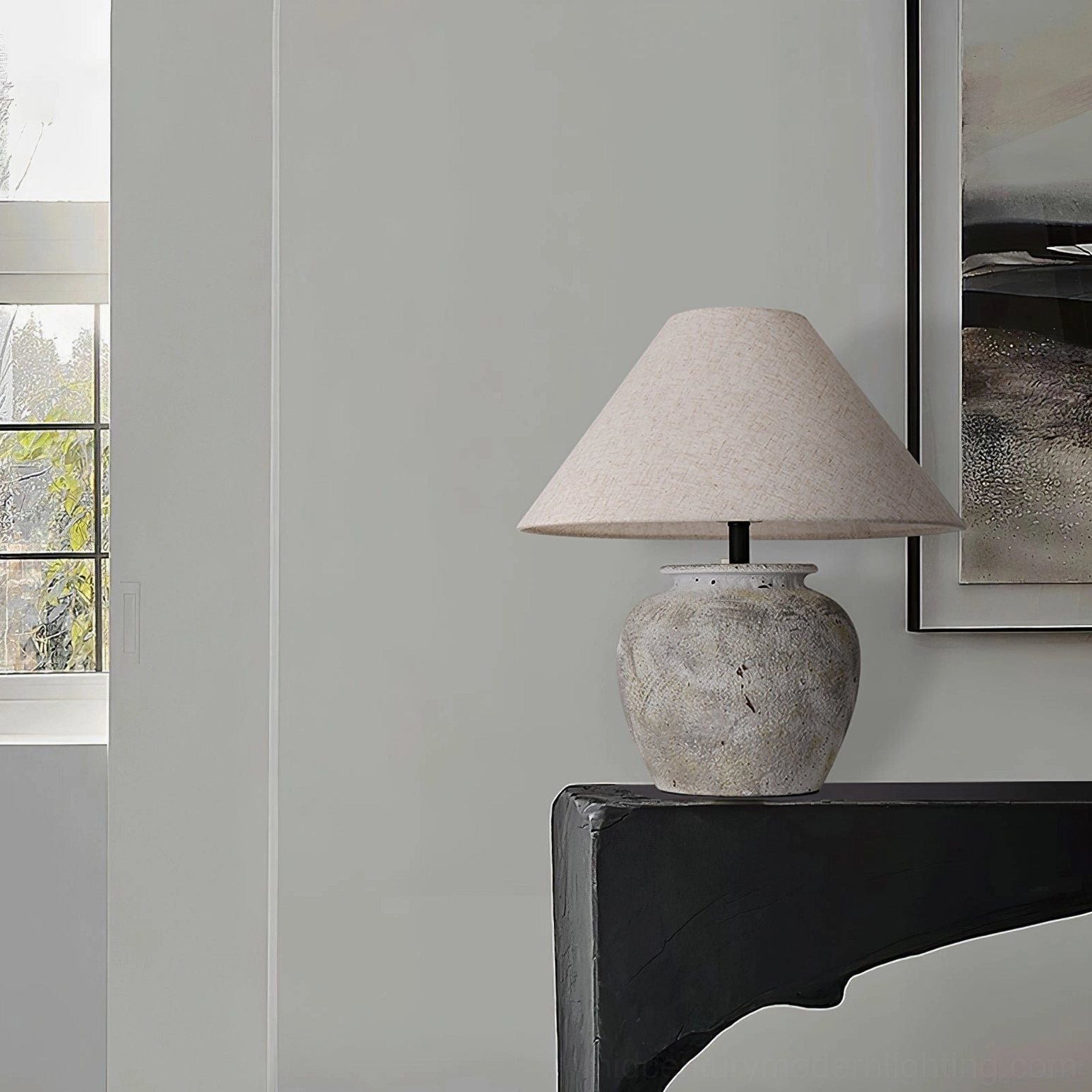 Houa ceramic table lamp in minimalist entryway console decor with abstract wall art