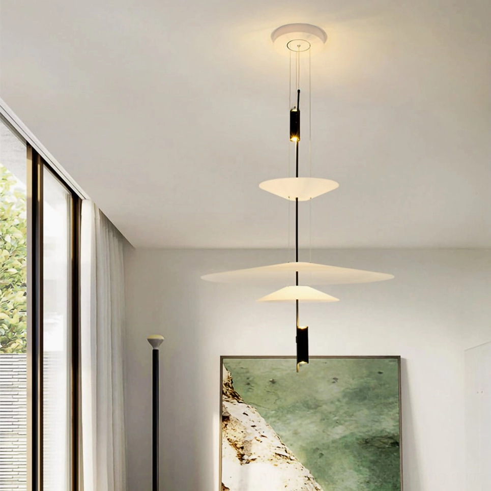 Hover Disc pendant chandelier showing cable suspension and geometric proportions detail view