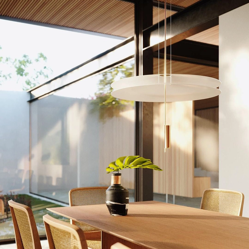 Hover Disc pendant installation detail showing ceiling mount and cable routing