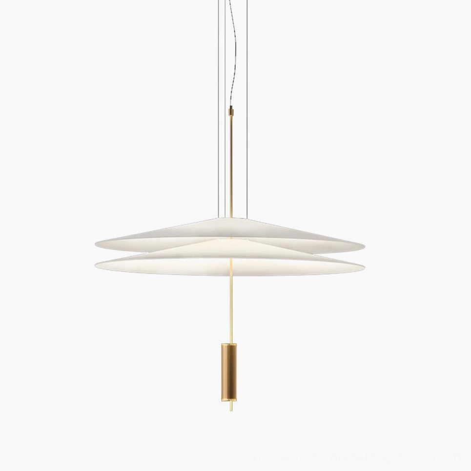 Hover Disc pendant chandelier with dual white translucent acrylic discs suspended on steel cables, gold metal hardware, isolated studio view