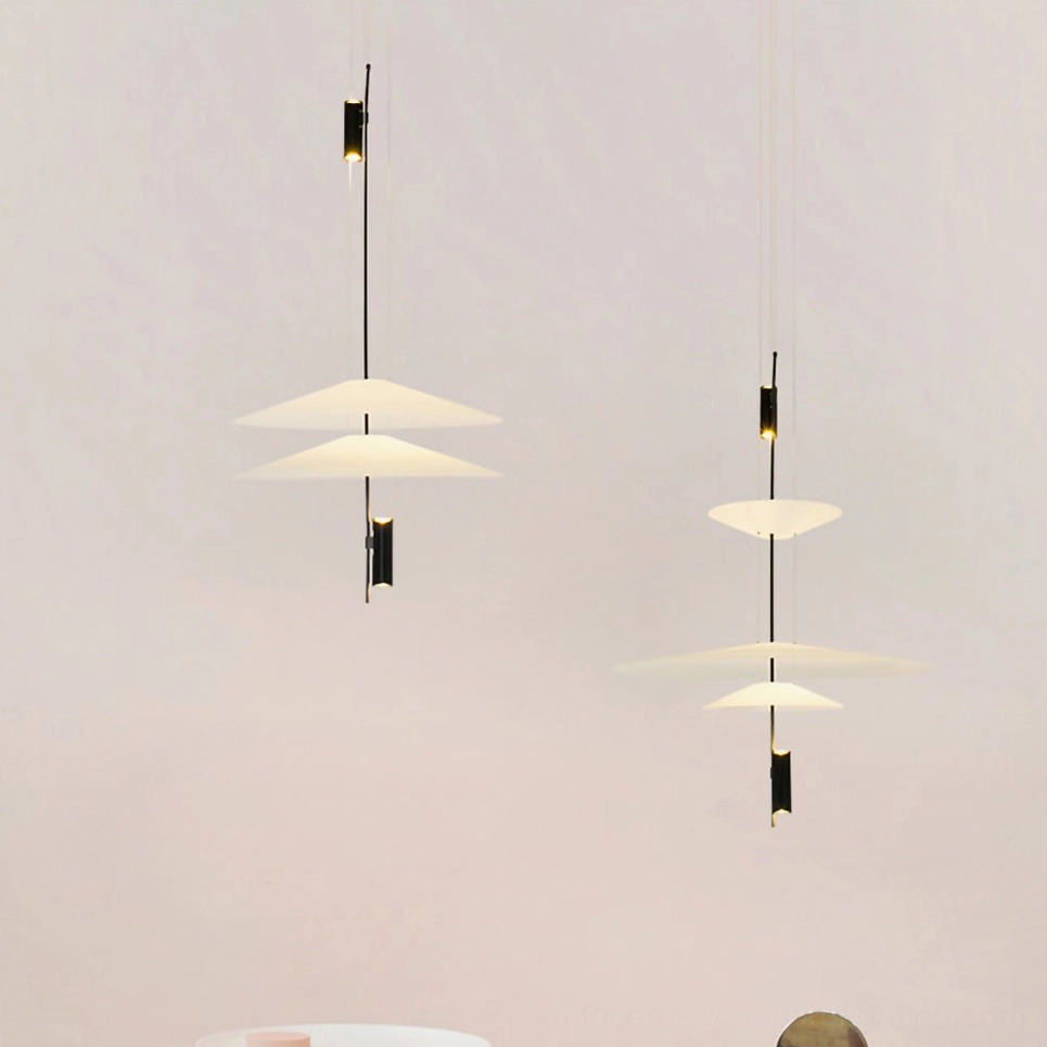 Hover Disc chandelier profile view showing dual suspended acrylic discs and cable details