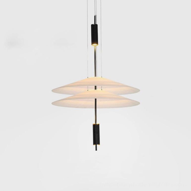 Hover Disc pendant Style A with black metal hardware and 66cm diameter white acrylic discs