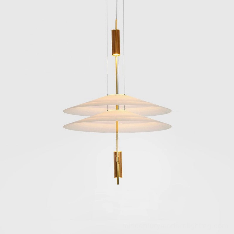 Hover Disc pendant Style A with gold metal hardware and 66cm diameter white acrylic discs