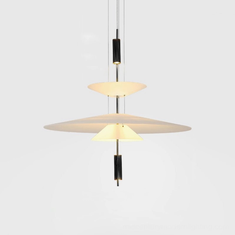 Hover Disc pendant Style E with black metal hardware and 66cm diameter white acrylic discs