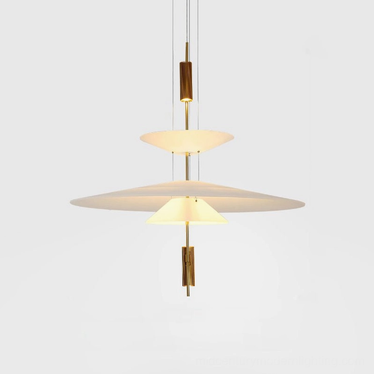 Hover Disc pendant Style E with gold metal hardware and 66cm diameter white acrylic discs