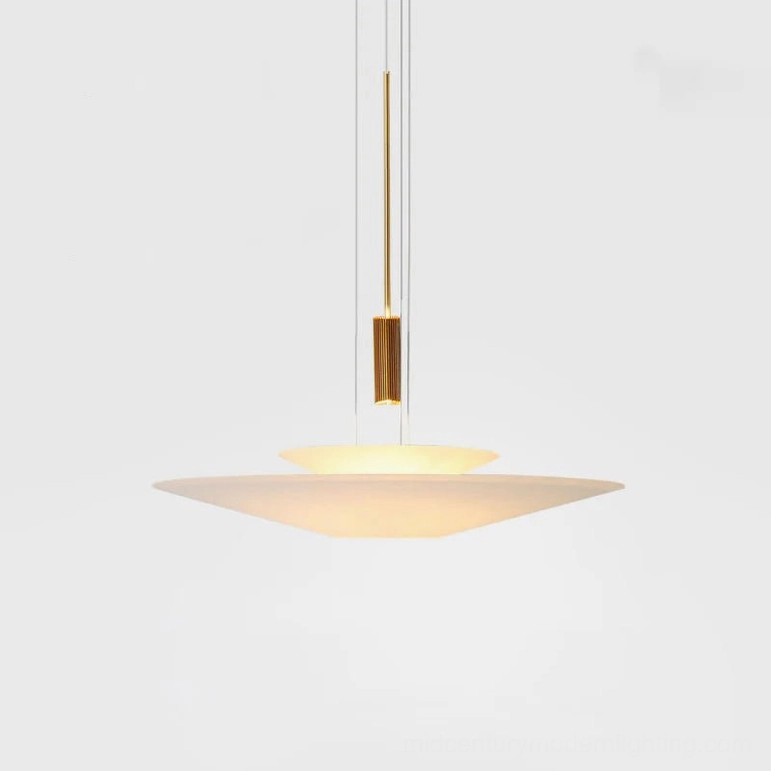 Hover Disc pendant Style G with gold metal hardware and 66cm diameter white acrylic discs