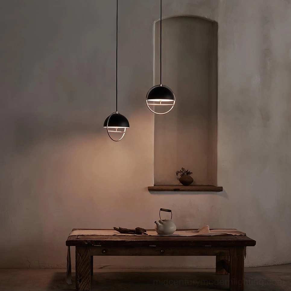 Suspended pendant lamp creating focal point in modern bedroom or living space