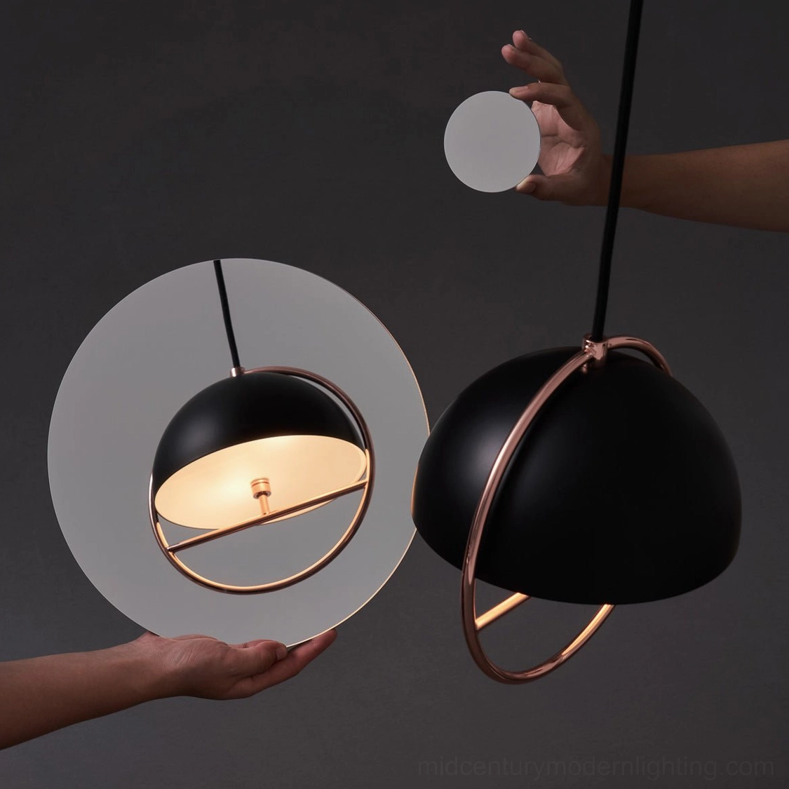 Interchangeable pendant lamp dome shades in black and white with rose gold metal frame flat lay