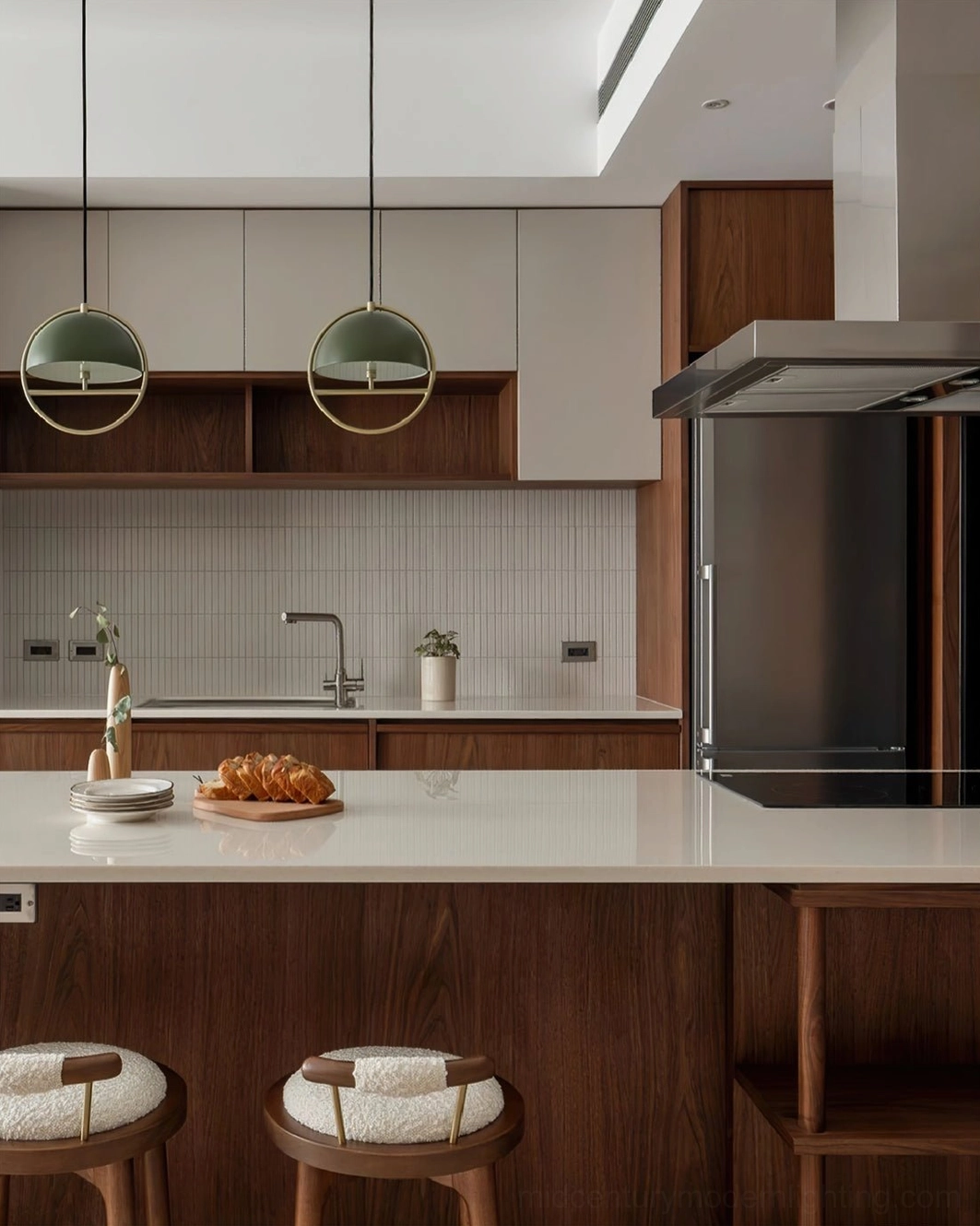 Mid-century modern inspired pendant lamp with elegant metal frame and dome shade combination