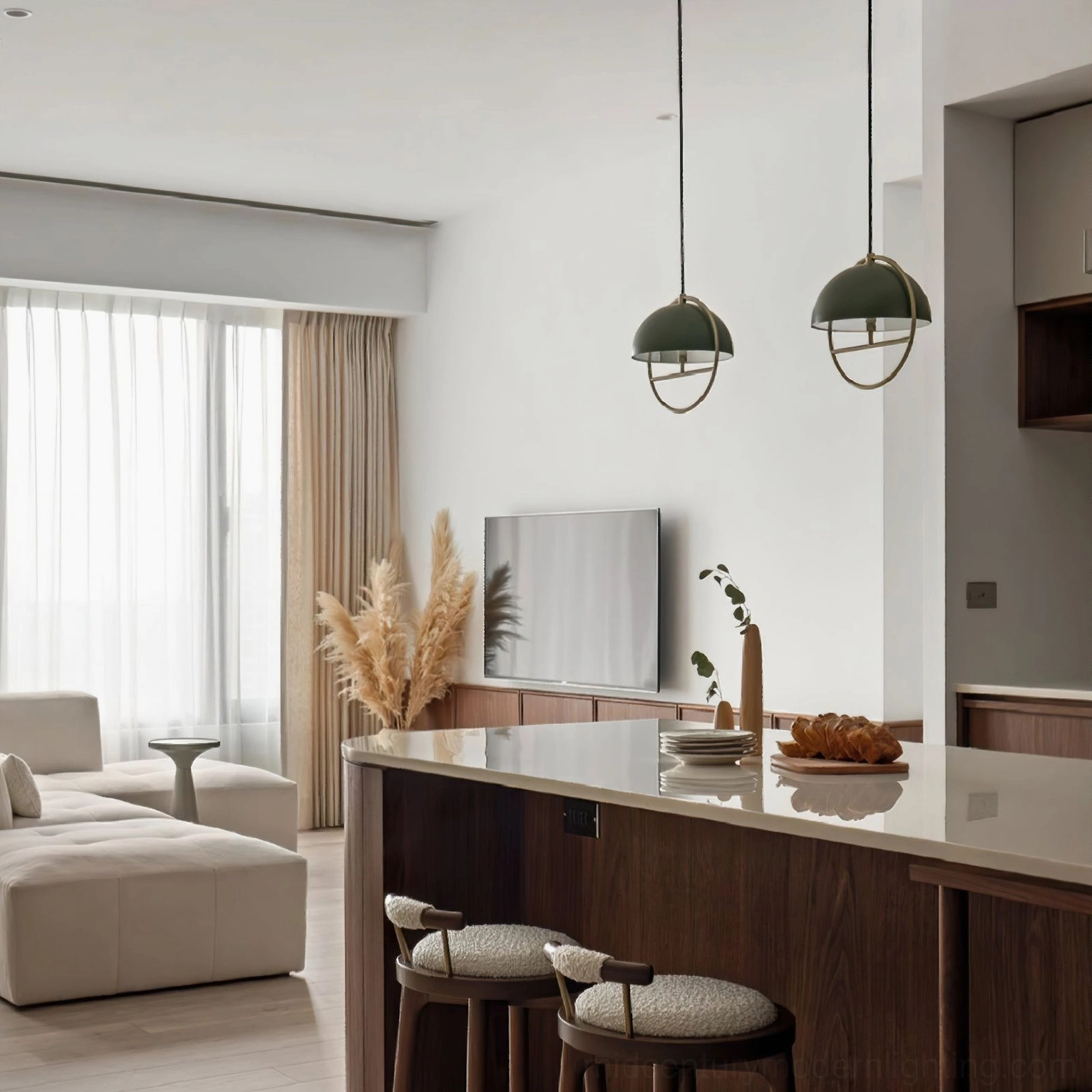 Two matching modern pendant lamps with dark green dome shades in contemporary open kitchen and living space