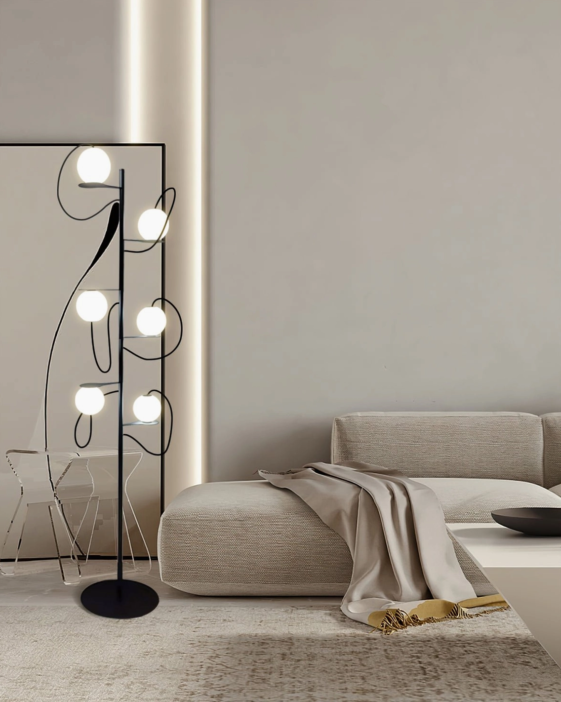 Sculptural multi-globe floor lamp with asymmetrical curved arms in modern living room with low sofa and contemporary furnishings