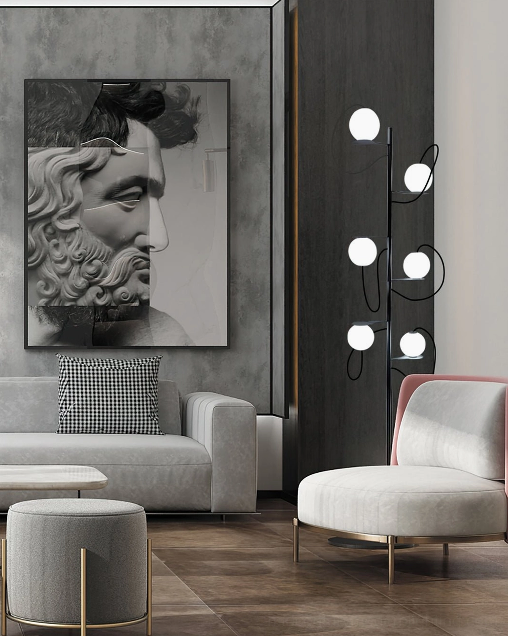 Sophisticated multi-head minimalist floor lamp in modern living room with grey sofa and classical wall art, elegant lighting fixture design