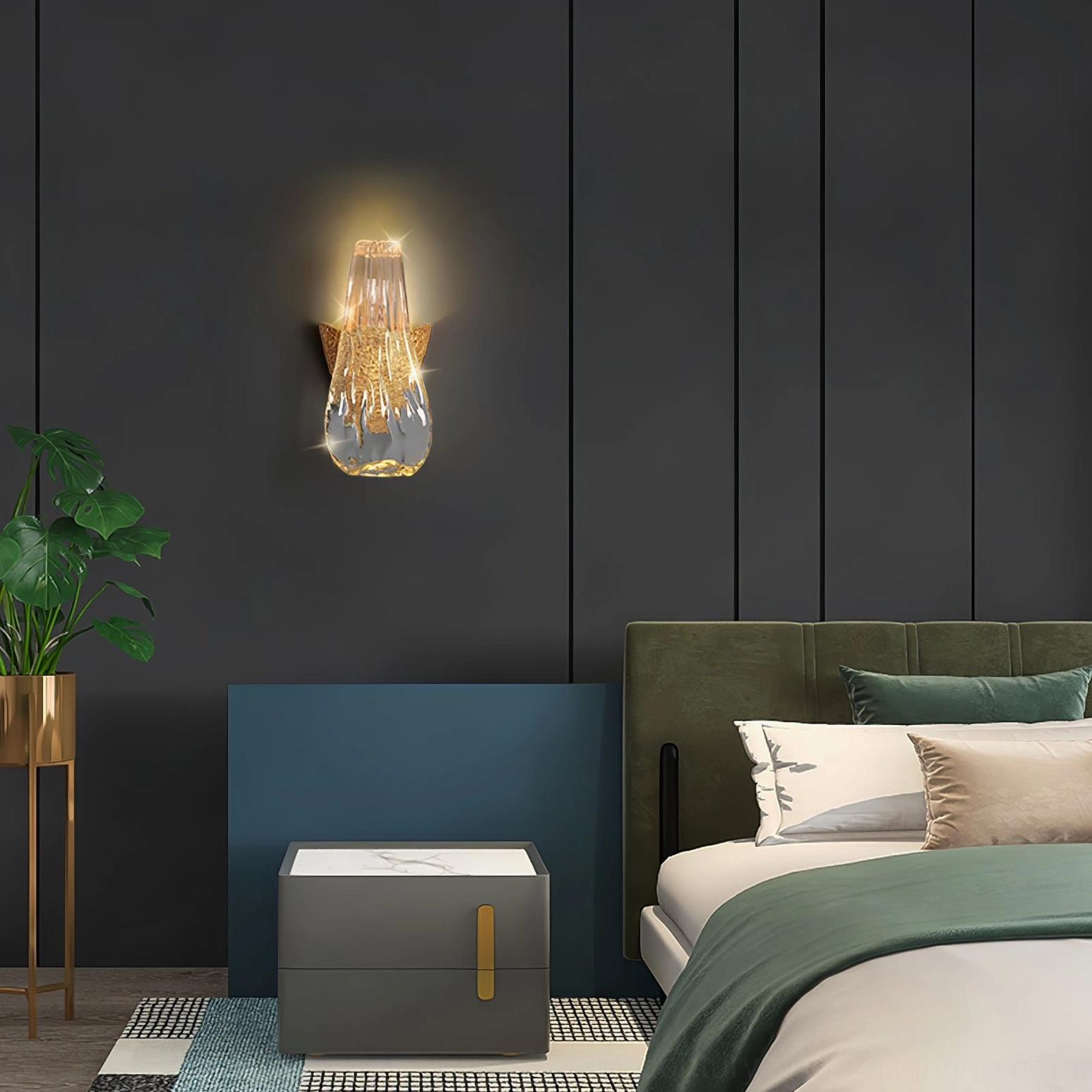 Icarus droplet wall sconce creating ambient lighting in master bedroom with bed and nightstand