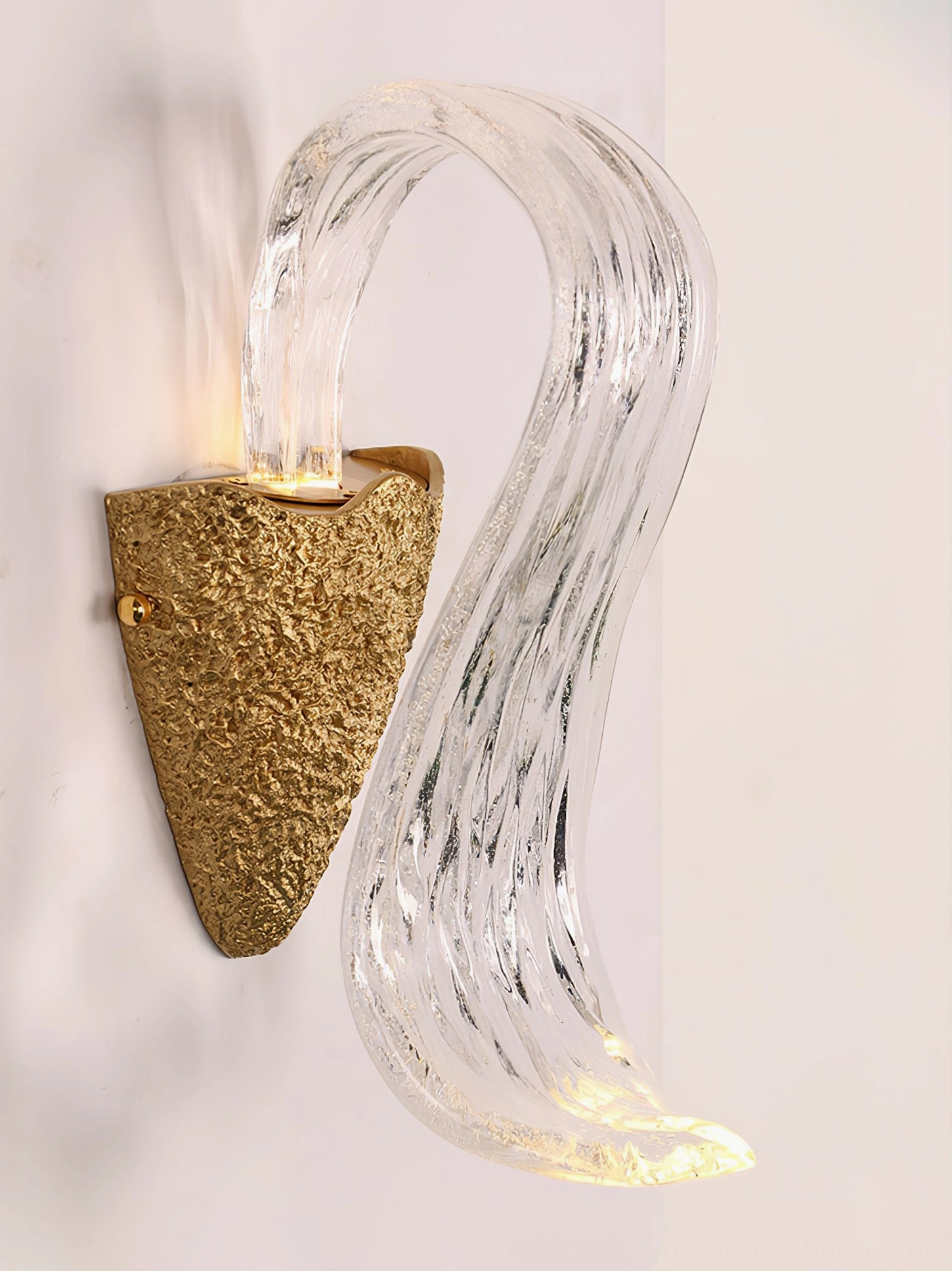 Icarus sculptural glass wall lamp with curved rippled details front view on white background
