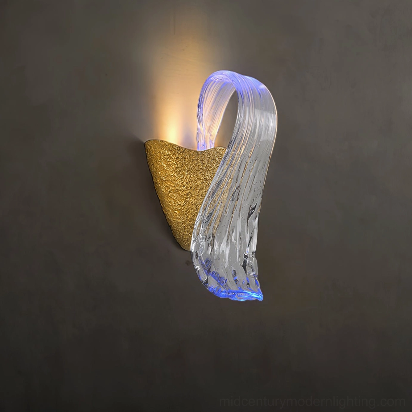 Icarus flowing glass wall lamp with blue accent lighting and curved rippled glass detail on dark background