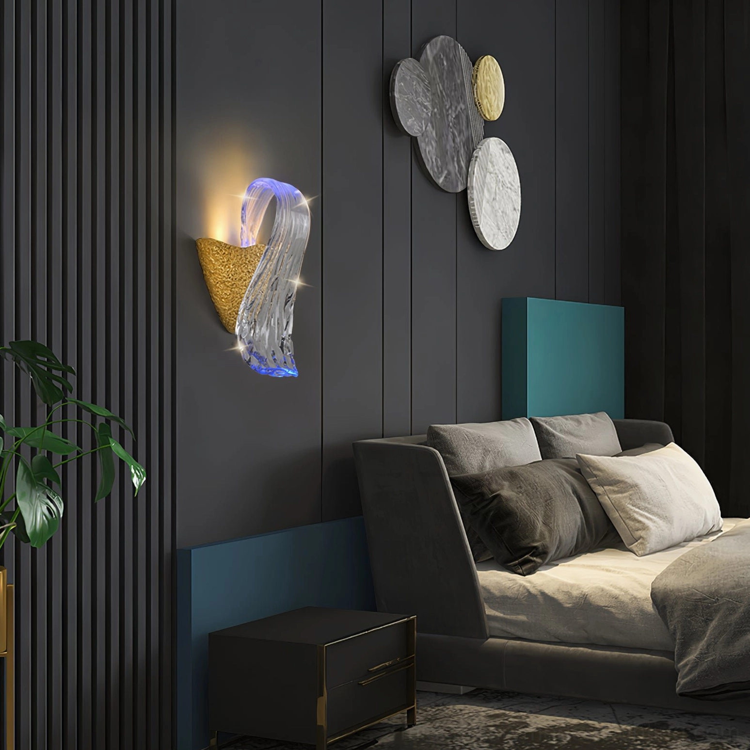 Icarus sculptural glass wall sconce installed in luxury bedroom interior with modern sofa and wall decor
