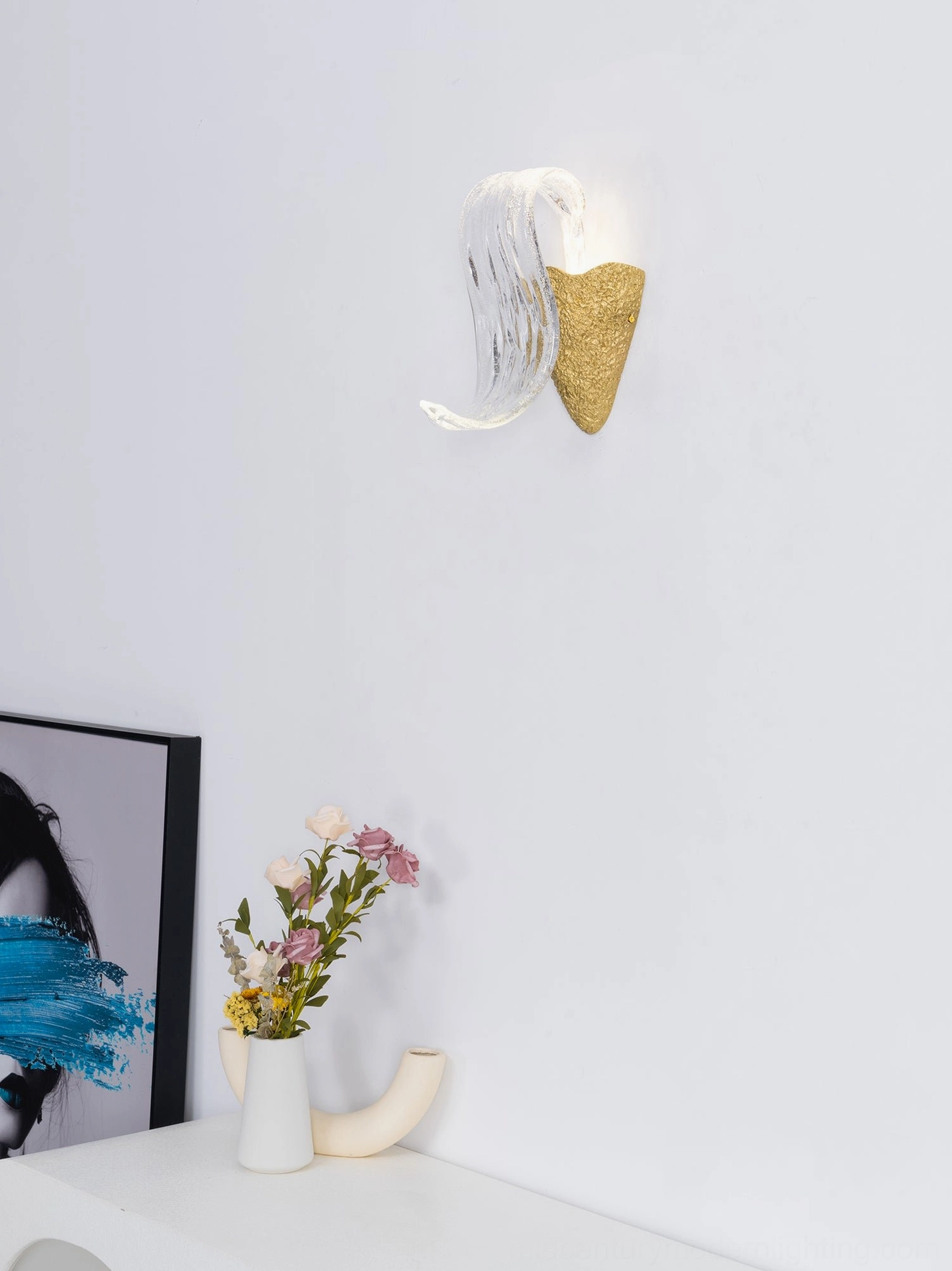 Icarus wall sconce multi-angle product photography showing sculptural glass and brass elements