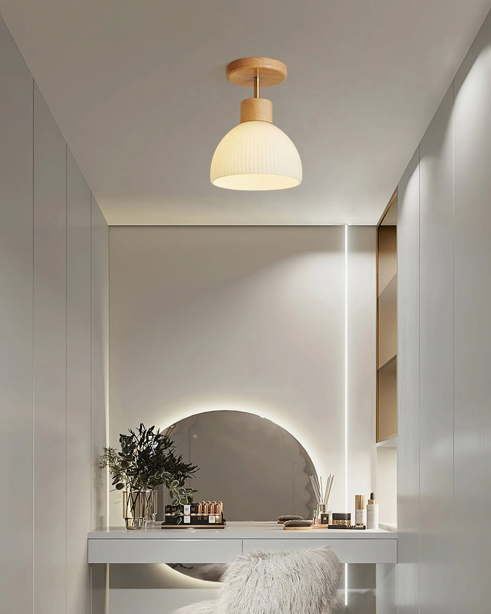 Illuminated ribbed ceiling lamp showing light diffusion and warm ambiance in room