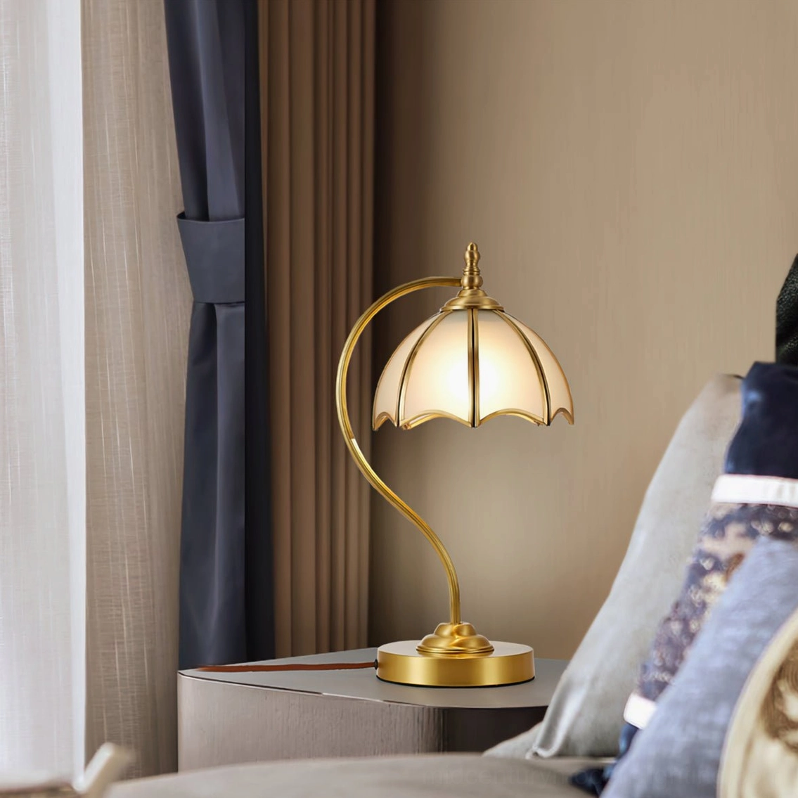 Illuminated umbrella table lamp on living room side table with soft frosted glass diffusion