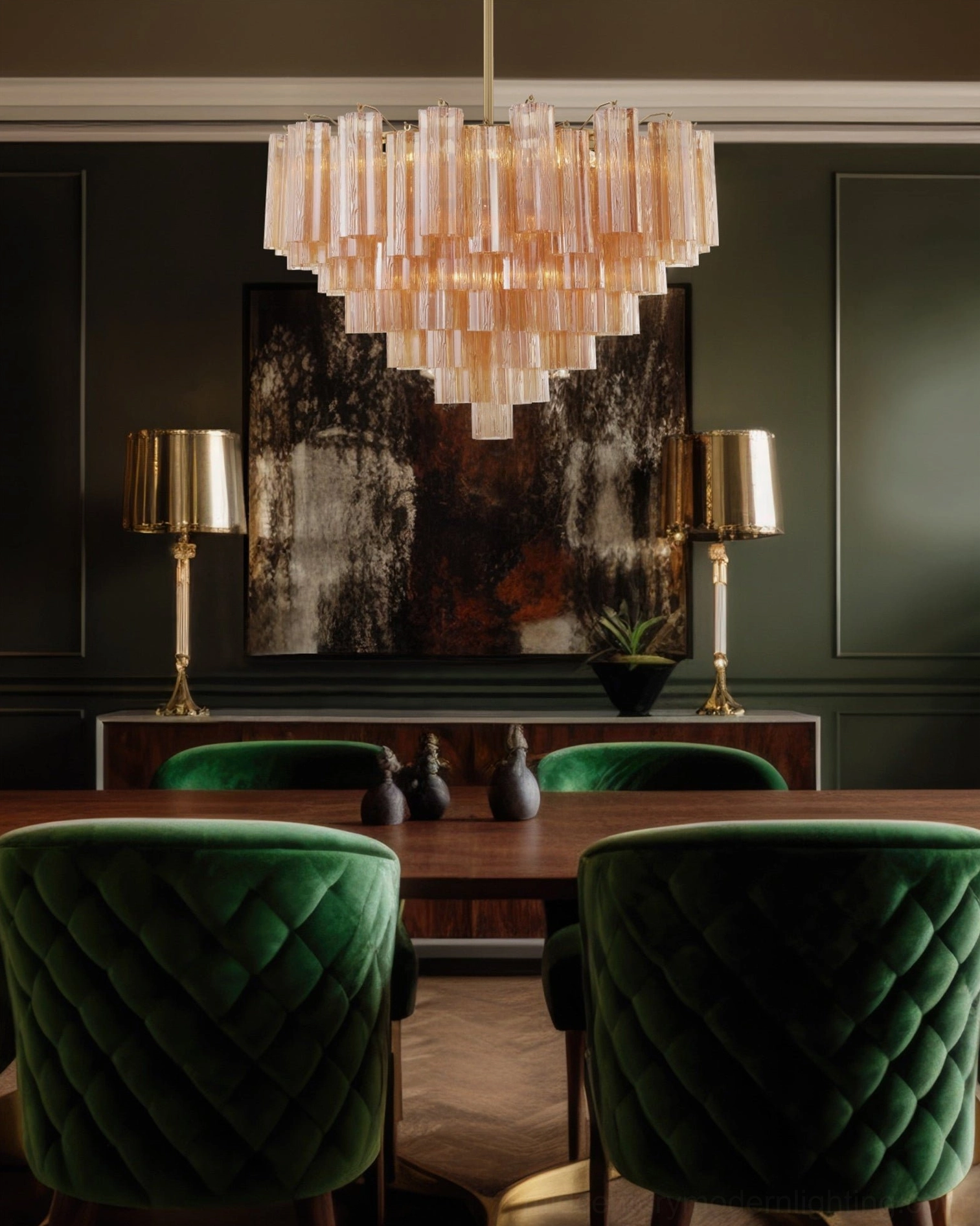 Hand-blown amber tubular Murano glass chandelier side view in classic luxury dining interior