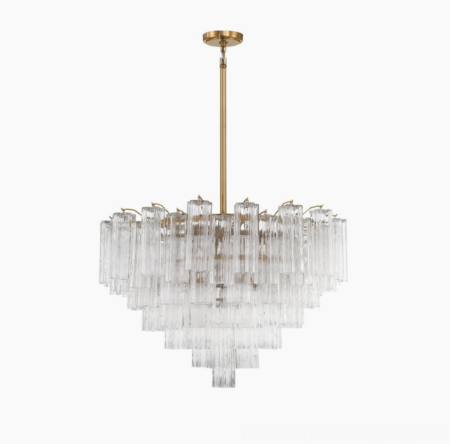 Clear hand-blown Murano glass tiered tubular chandelier with gold frame - modern luxury design