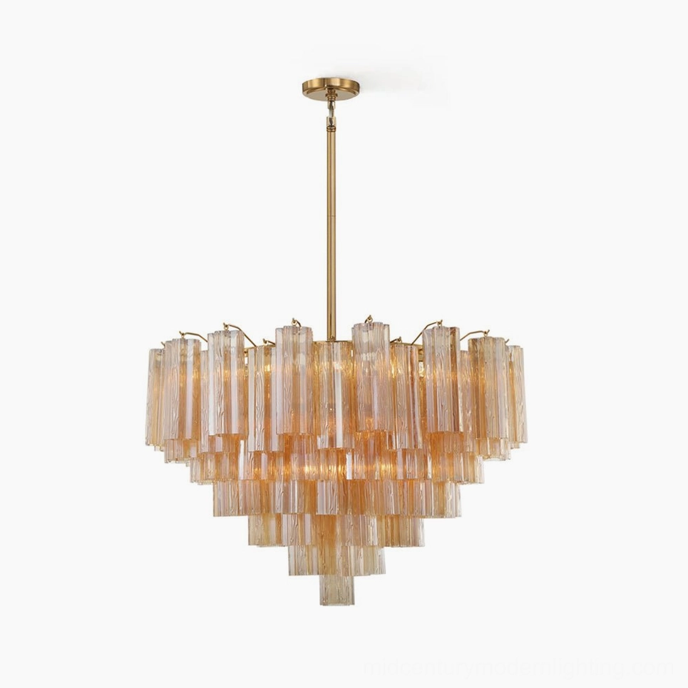 Imondo hand-blown Murano glass tubular chandelier with amber tones and gold frame - front studio view