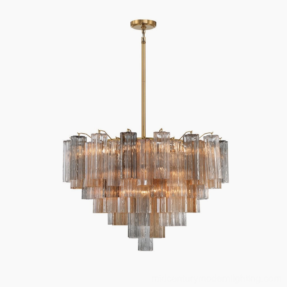 Ombre smoke gray and amber hand-blown Murano glass tubular chandelier - two-tone luxury design