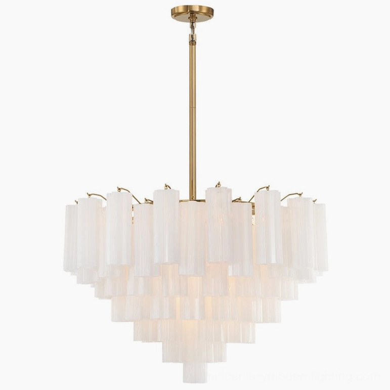 White frosted hand-blown Murano glass tubular chandelier with gold frame - minimalist luxury style