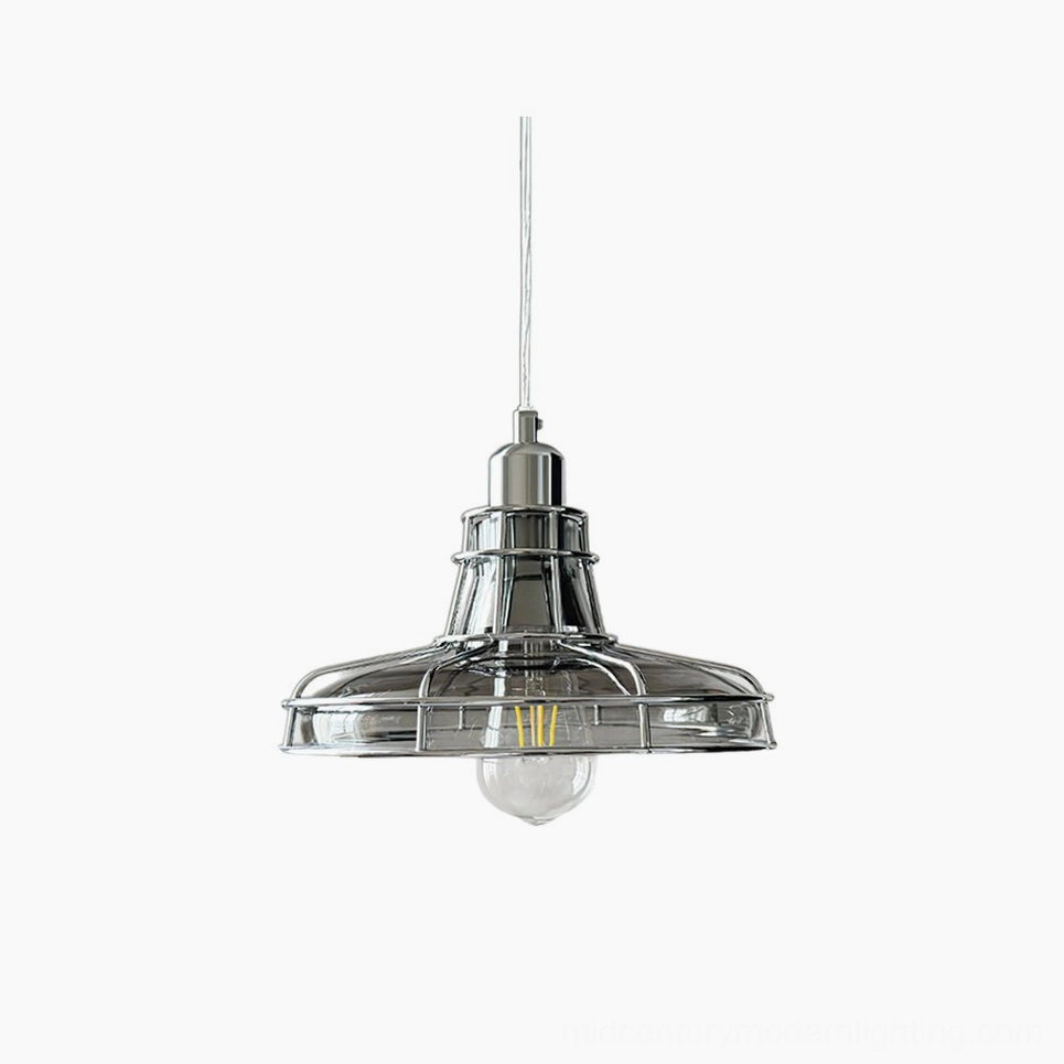 Industrial chrome pendant light with transparent glass shade and metal cage guard, overhead view on white background
