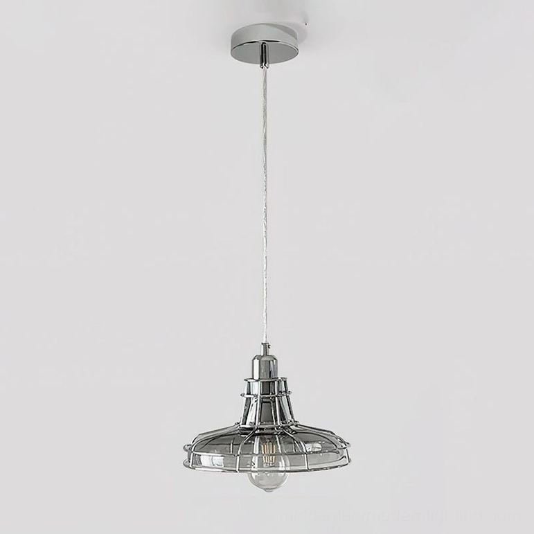 Industrial chrome pendant light 25cm diameter mid-century modern style glass and metal fixture