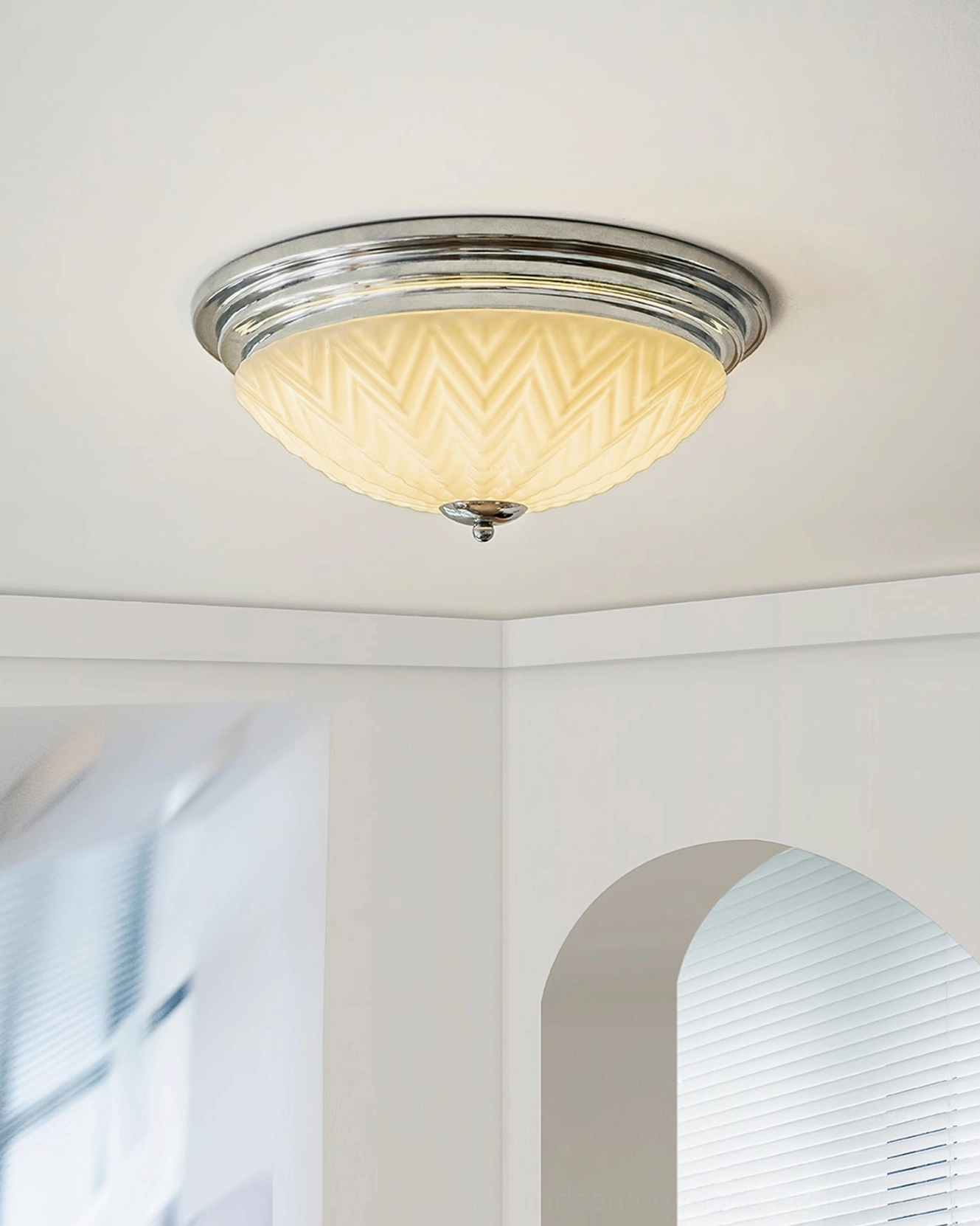 Volume ceiling lamp integrated LED light source, flush mount installation, polished chrome finish closeup